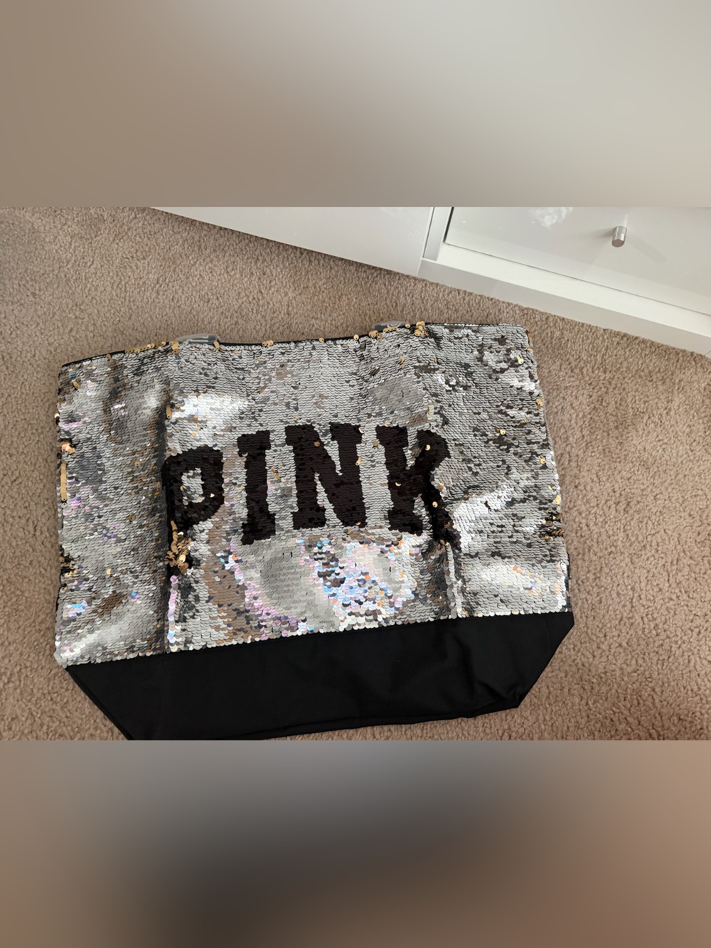 Victoria's Secret Silver/Gold Sequin Tote with Black Script